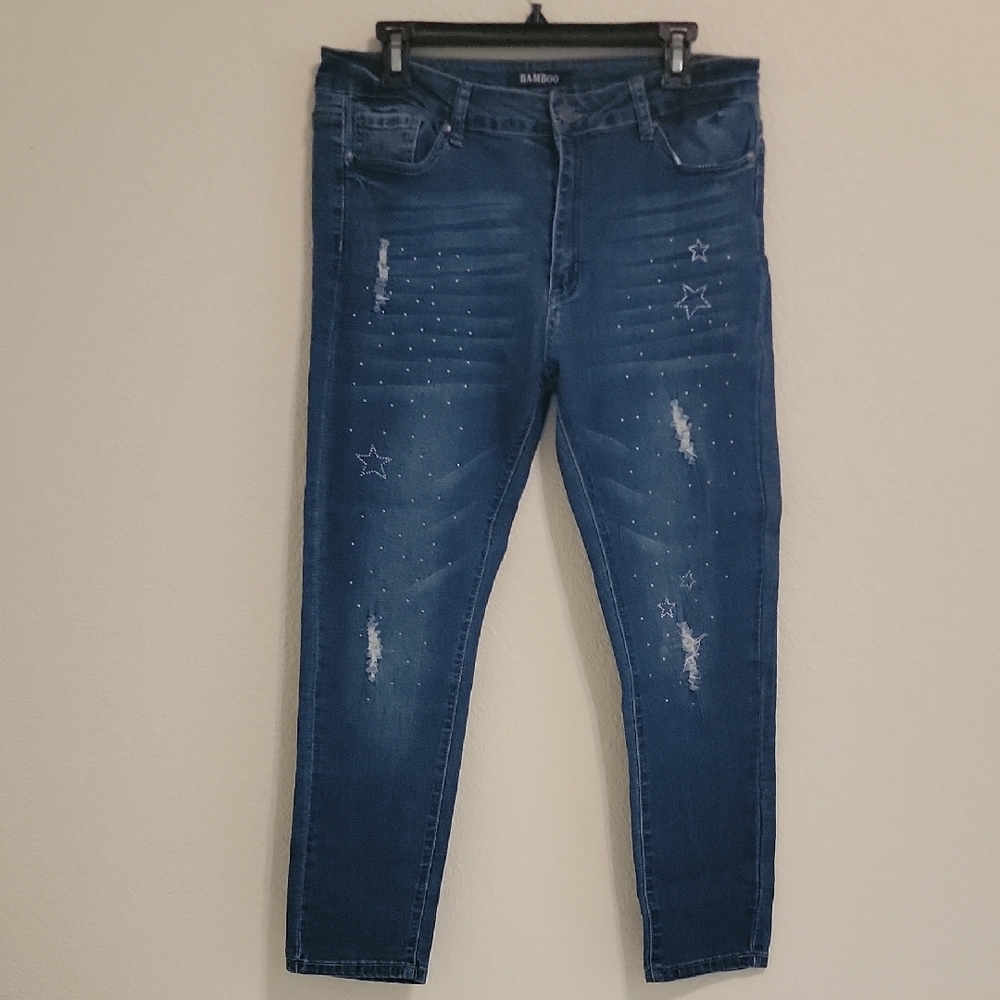 BAMBOO Women's Navy Skinny Jeans with Star Accents